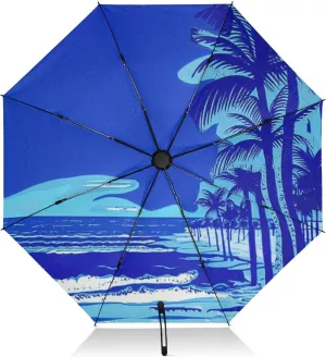 Umbrella, Auto Open Close Uv Umbrella Compact Windproof, Compact Size for Backpacks/Handbags - for Travel, Blue Painting Palm Trees Beach