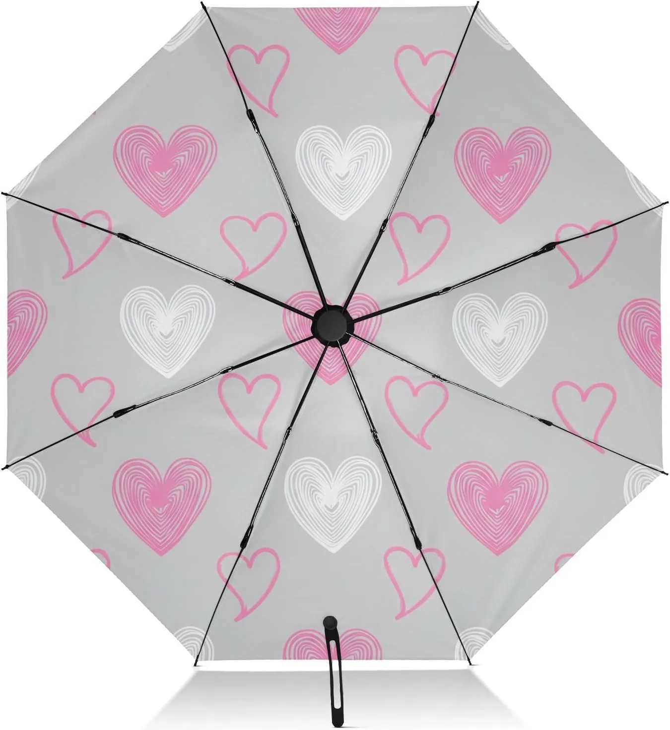 Umbrellas for Rain, Compact Umbrella for Purse Windproof, Ideal for Car, Purse, Men and Women, White Pink Hearts Gray