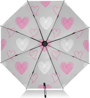 Umbrellas for Rain, Compact Umbrella for Purse Windproof, Ideal for Car, Purse, Men and Women, White Pink Hearts Gray