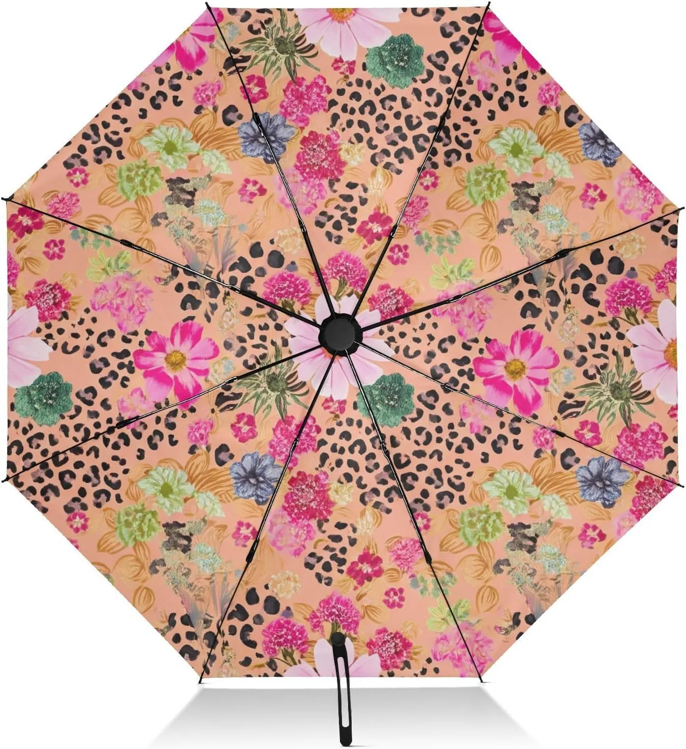 Umbrellas for Rain, Windproof Compact Umbrellas, Ideal for Car, Purse, Men and Women, Vibrant Colorful Flowers Leopard Print