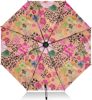 Umbrellas for Rain, Windproof Compact Umbrellas, Ideal for Car, Purse, Men and Women, Vibrant Colorful Flowers Leopard Print