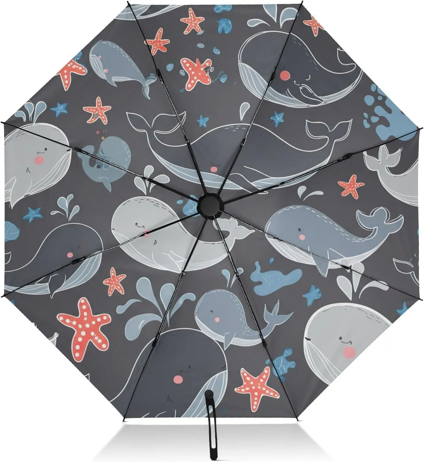 Umbrellas for Rain, Windproof Umbrellas for Rain Compact, Ideal for Car, Purse, Men and Women, Cute Whales Stars Starfish Gray