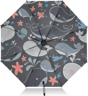 Umbrellas for Rain, Windproof Umbrellas for Rain Compact, Ideal for Car, Purse, Men and Women, Cute Whales Stars Starfish Gray