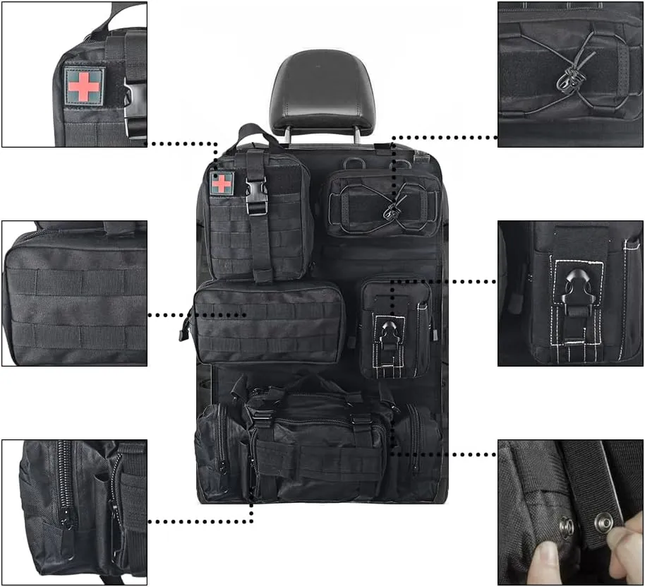 Universal Tactical Seat ​Back Organizer Vehicle Molle Panel Organizer Storage Bag with 5 Detachable Molle Pouch for All Vehicel Such as Jeep,Truck,SUV, Car, Ford,Chevy etc