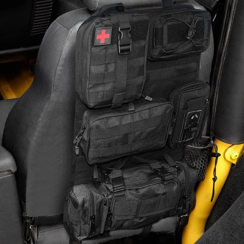 Universal Tactical Seat ​Back Organizer Vehicle Molle Panel Organizer Storage Bag with 5 Detachable Molle Pouch for All Vehicel Such as Jeep,Truck,SUV, Car, Ford,Chevy etc