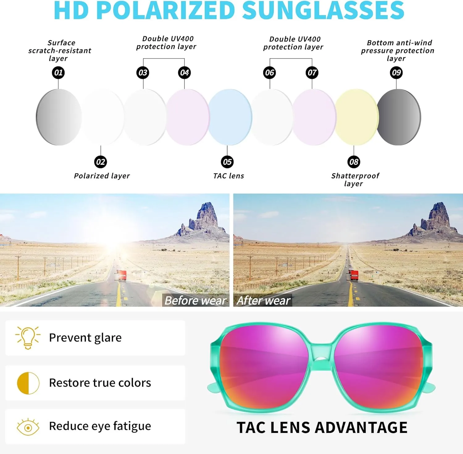 URUMQI Polarized Sunglasses Fit Over Glasses for Women, UV400 Protection Square Shades Extra Large Sun Glasses