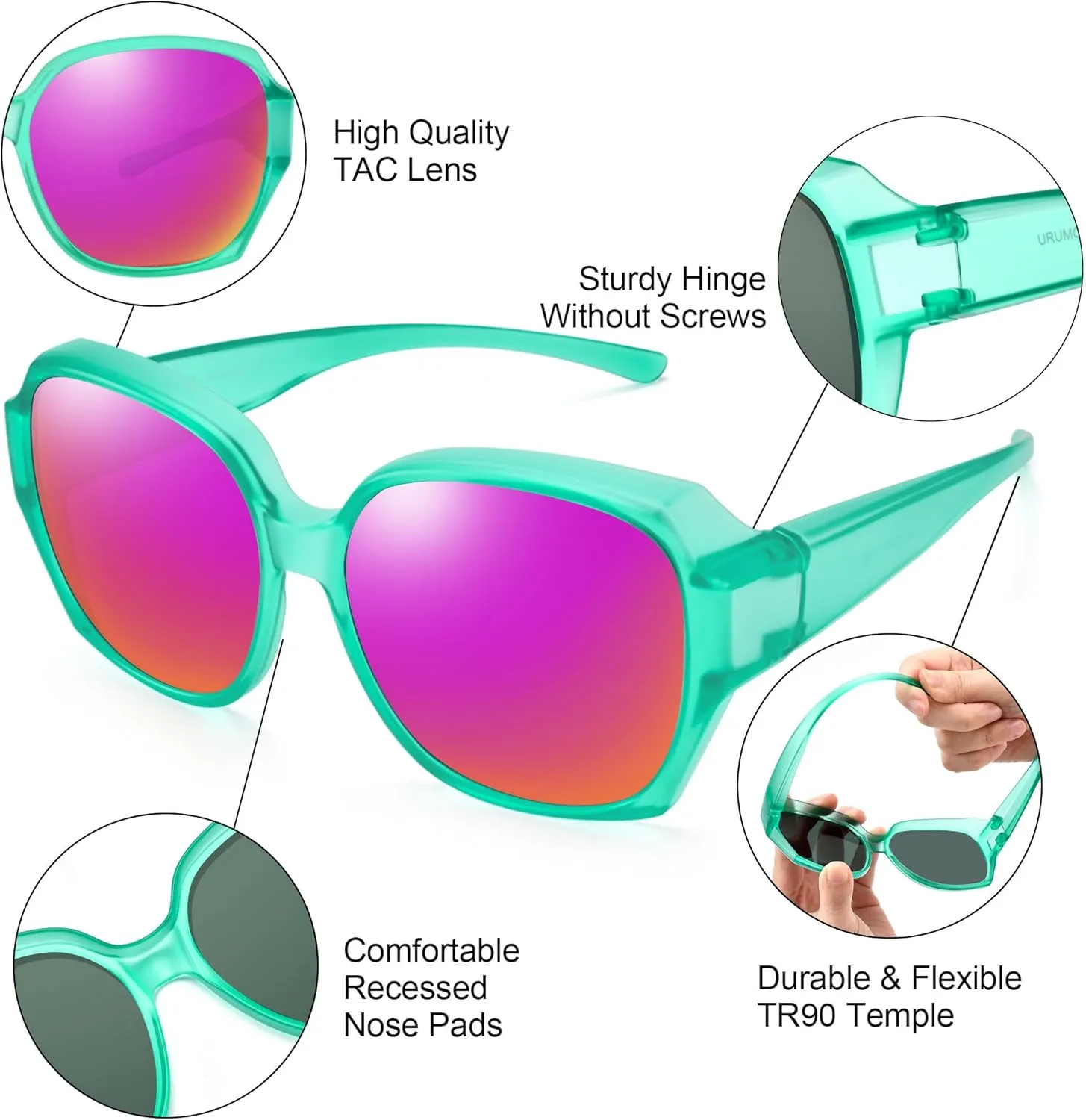URUMQI Polarized Sunglasses Fit Over Glasses for Women, UV400 Protection Square Shades Extra Large Sun Glasses