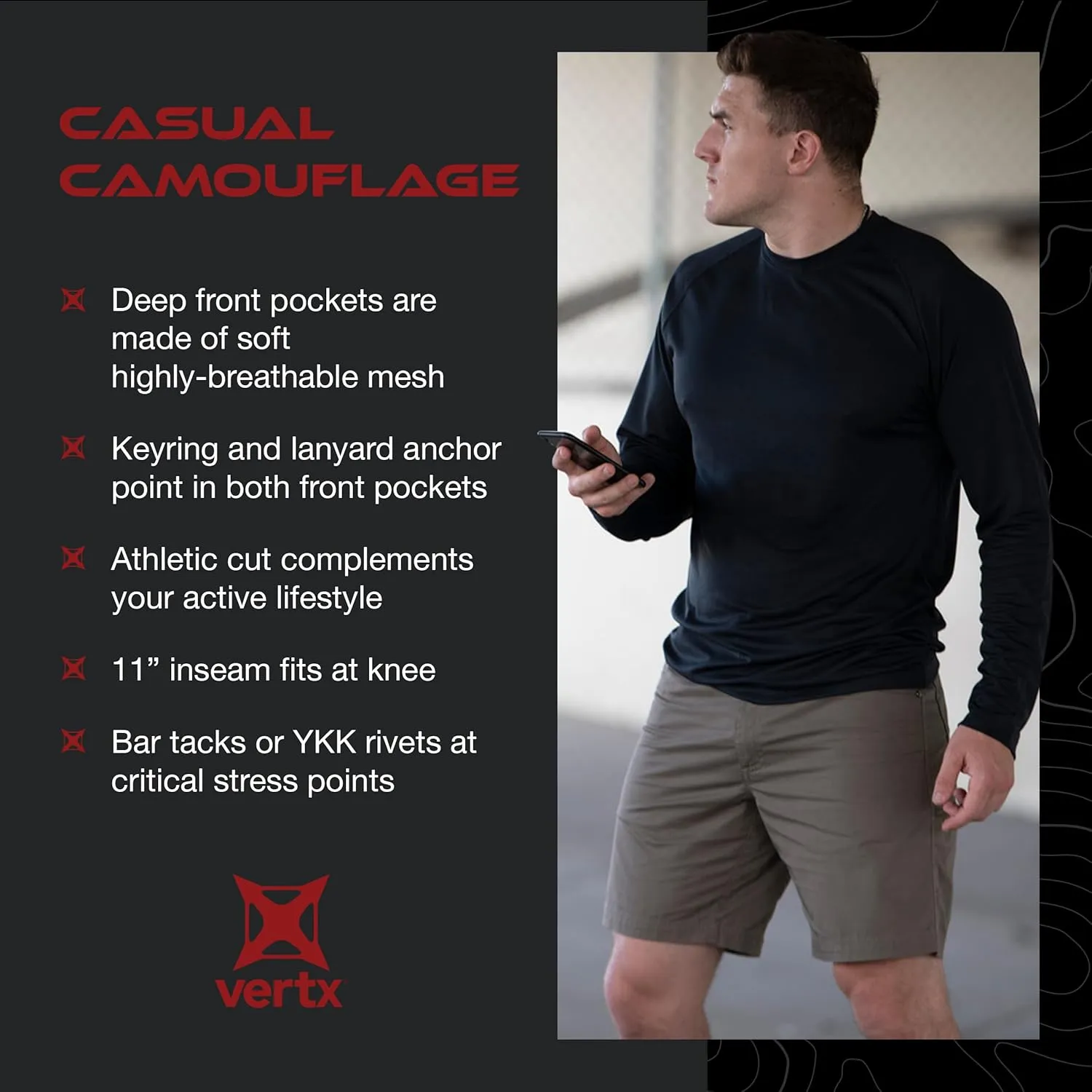 Vertx Cutback Mens Tactical Cargo Shorts 11 inches, Outdoor Short with 8 Pockets for EDC Survival Gear Concealed Carry