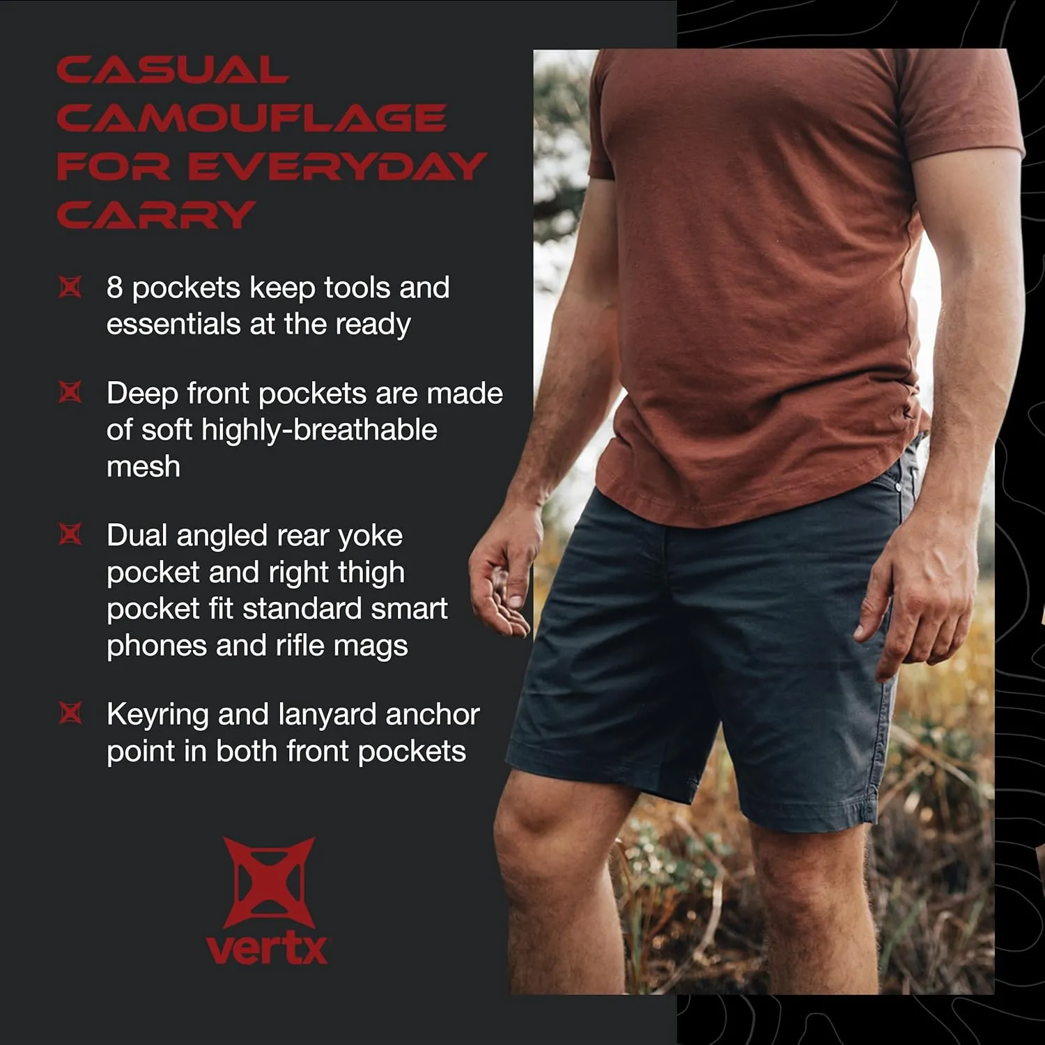 Vertx Cutback Mens Tactical Cargo Shorts 8.5 inches, Quick Dry, 8 Pockets for EDC Survival Gear Concealed Carry, Athletic Fit