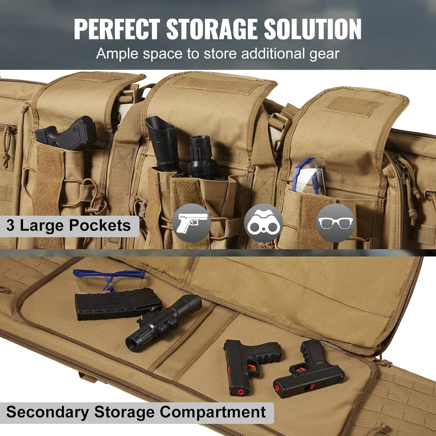 VEVOR Rifle Bag, Tactical Double Long Gun Bag, Soft Rifle Case with Lockable Zipper, Portable Handle & Shoulder Strap, 3 Large Storage Pockets Rifle Case for Two 40" Rifles & 2 Pistols