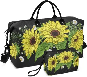 VIGTRO Travel Duffel Bag Weekender Overnight Bag with Toiletry Bag Flower Garland Printed, Carry On Luggage Bag Spring Wildflowers for Hospital Gym Travel Business, 2 Pcs Set