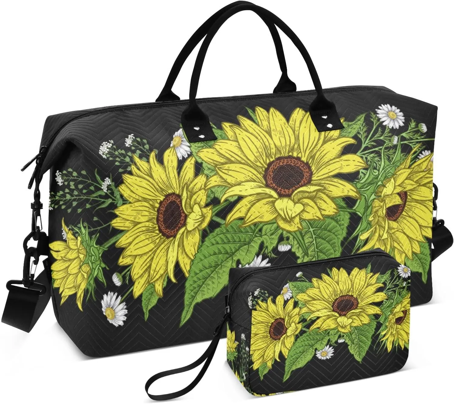 VIGTRO Travel Duffel Bag Weekender Overnight Bag with Toiletry Bag Flower Garland Printed, Carry On Luggage Bag Spring Wildflowers for Hospital Gym Travel Business, 2 Pcs Set