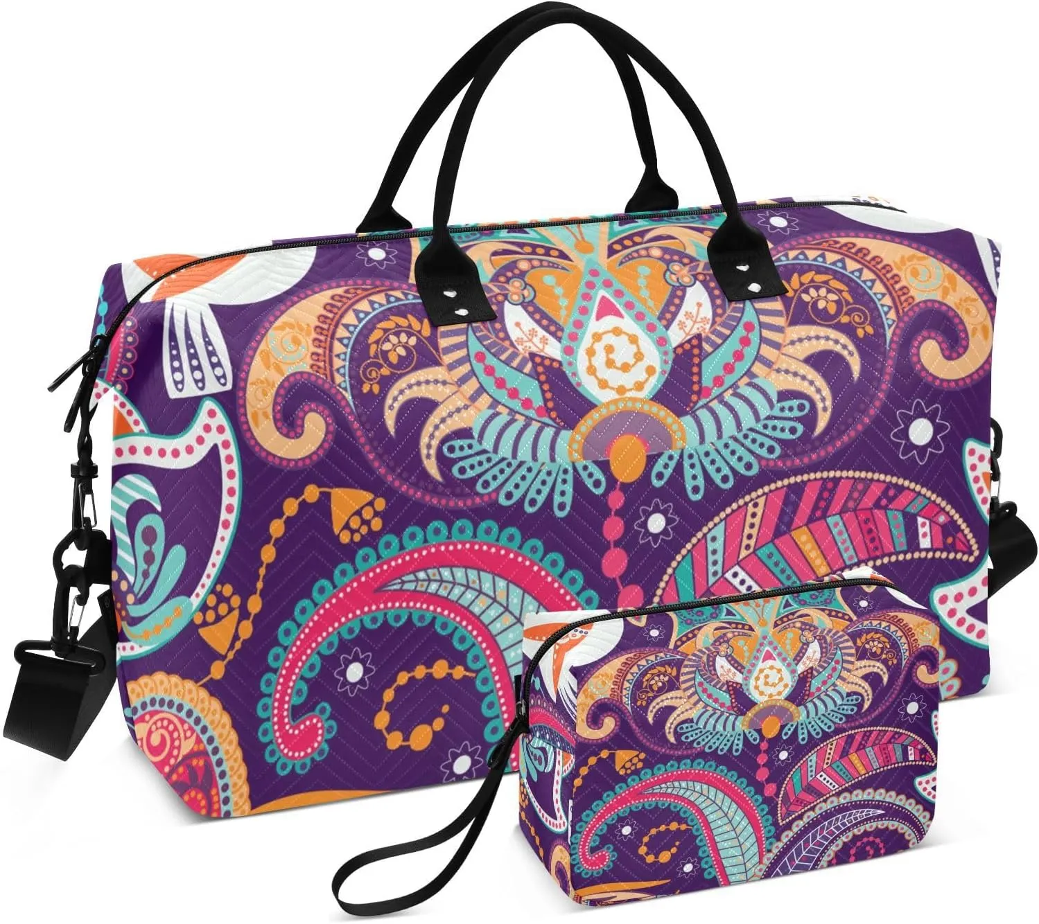 VIGTRO Travel Duffel Bag Weekender Overnight Bag with Toiletry Bag India Batik Colorful Motifs Printed, Carry On Luggage Bag Paisley Bird Flower for Hospital Gym Travel Business, 2 Pcs Set