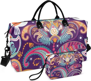 VIGTRO Travel Duffel Bag Weekender Overnight Bag with Toiletry Bag India Batik Colorful Motifs Printed, Carry On Luggage Bag Paisley Bird Flower for Hospital Gym Travel Business, 2 Pcs Set