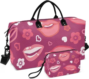 VIGTRO Travel Duffel Bag Weekender Overnight Bag with Toiletry Bag Kiss Lips Flower Printed, Carry On Luggage Bag Pink Sweet Heart for Hospital Gym Travel Business, 2 Pcs Set