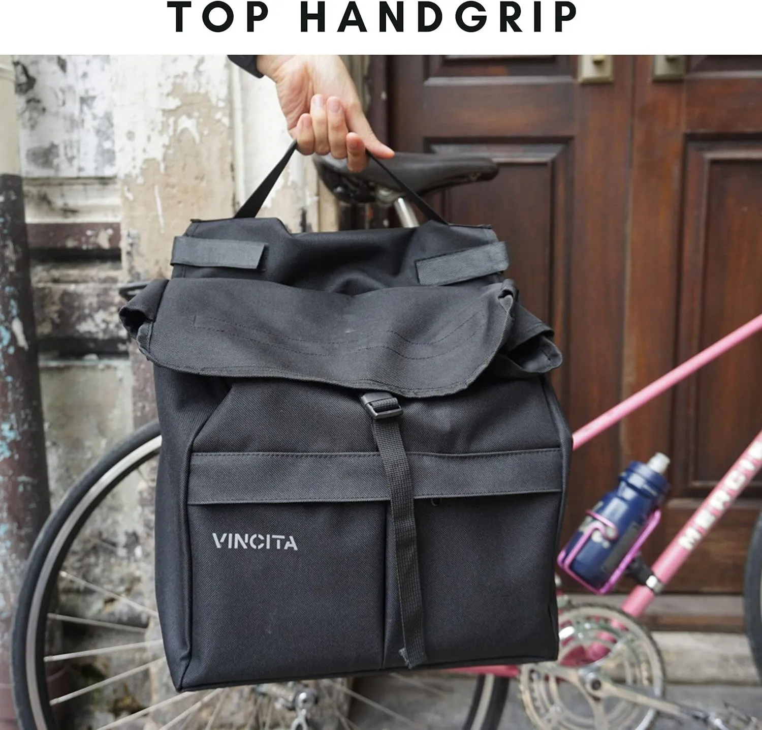 Vincita New Top Load Double Pannier Water Resistant Cycling Side Bags - 12 L with Rain Cover, Carrying Handle, Reflective Spots - Bike Rack Carrier Saddle Bag - Bicycle Accessories (Black/Turquoise)