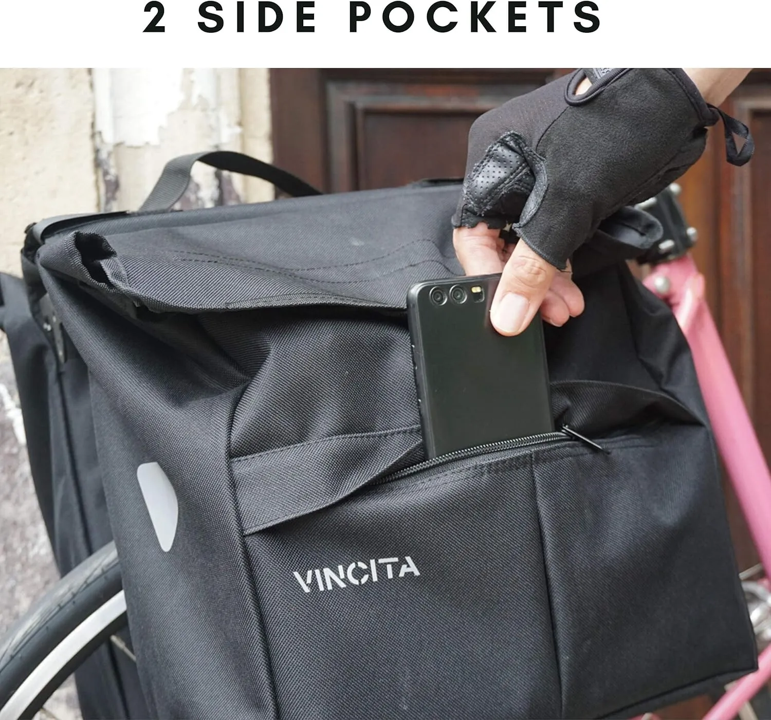 Vincita New Top Load Double Pannier Water Resistant Cycling Side Bags - 12 L with Rain Cover, Carrying Handle, Reflective Spots - Bike Rack Carrier Saddle Bag - Bicycle Accessories (Black/Turquoise)