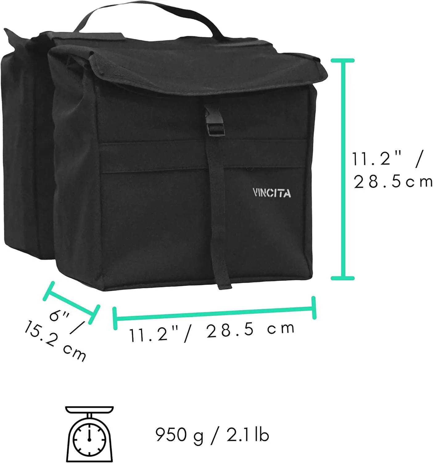 Vincita New Top Load Double Pannier Water Resistant Cycling Side Bags - 12 L with Rain Cover, Carrying Handle, Reflective Spots - Bike Rack Carrier Saddle Bag - Bicycle Accessories (Black/Turquoise)