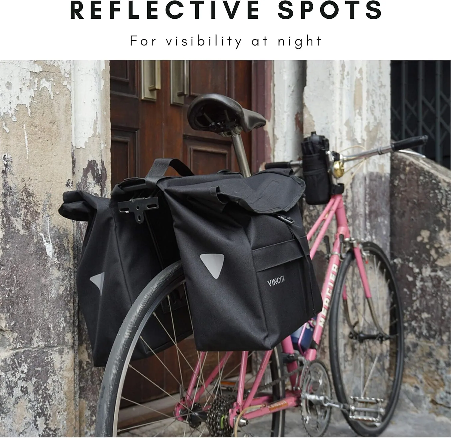 Vincita New Top Load Double Pannier Water Resistant Cycling Side Bags - 12 L with Rain Cover, Carrying Handle, Reflective Spots - Bike Rack Carrier Saddle Bag - Bicycle Accessories (Black/Turquoise)