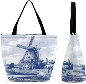 Vintage Blue Nederland Dutch Windmill Delft Large Fashion Totes Bag Women's Casual Purses Work Handbags Shopping Bag