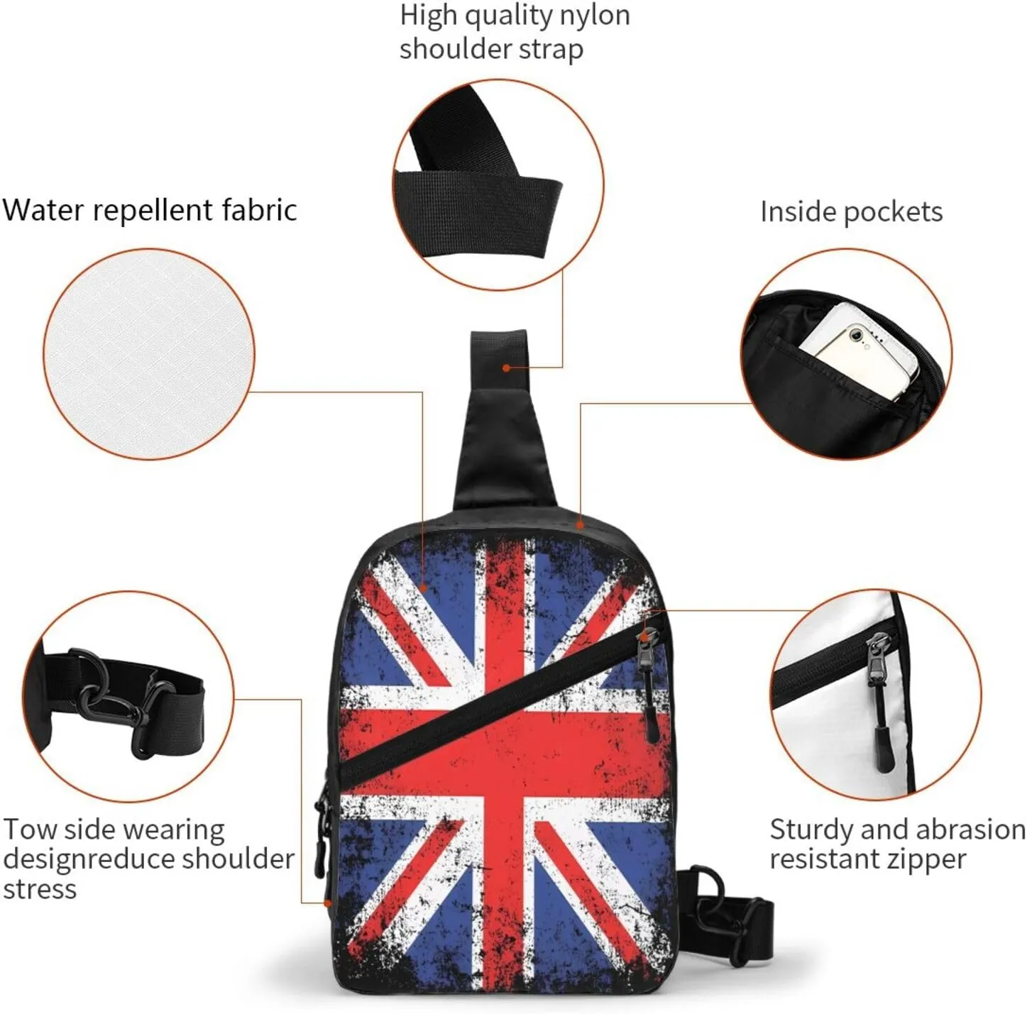Vintage British England UK English Flag Crossbody Bag Portable Sling Bags Foldable Chest Daypack Reusable Sports Shoulder Backpack Diagonally Casual Rucksack Travel Bag