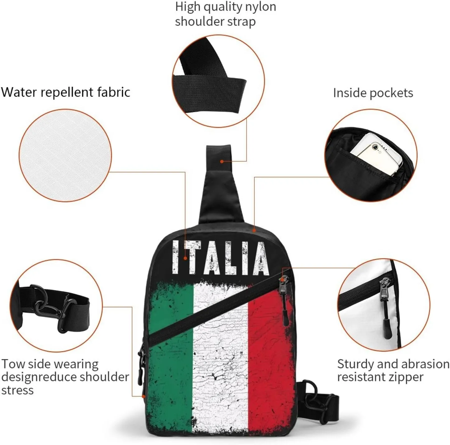 Vintage Italy Italia Italian Flag Crossbody Bag Portable Sling Bags Foldable Chest Daypack Reusable Sports Shoulder Backpack Diagonally Casual Rucksack Travel Bag