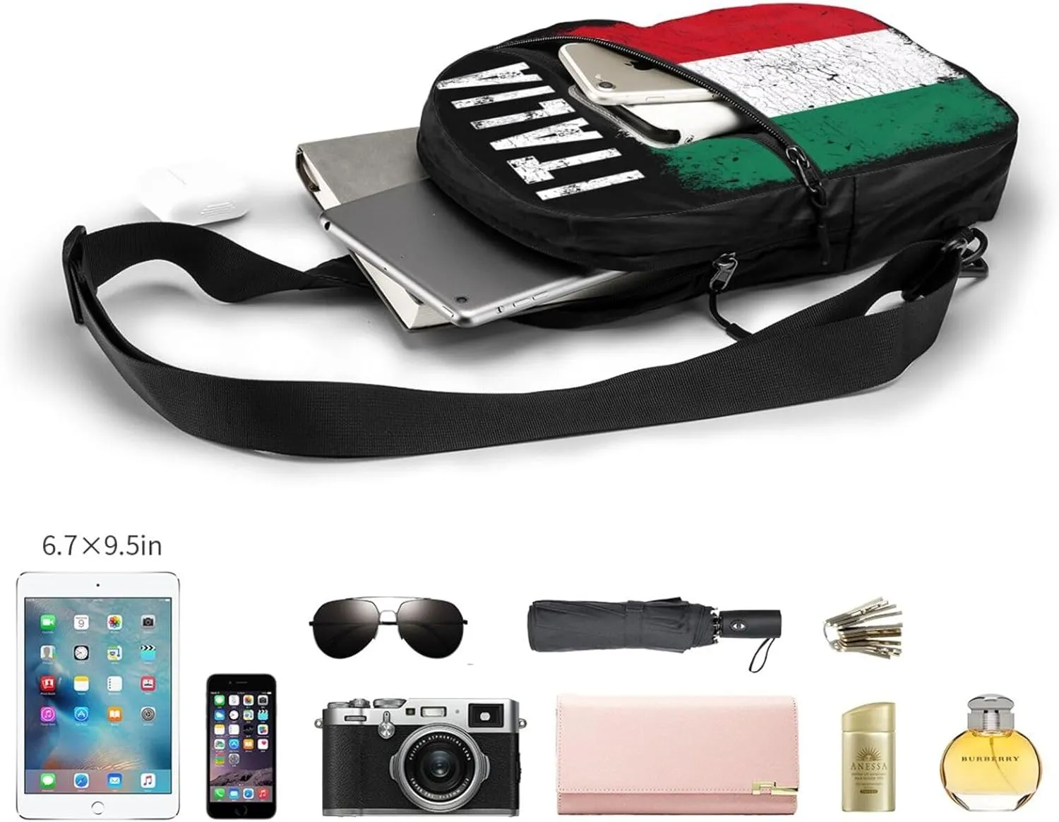 Vintage Italy Italia Italian Flag Crossbody Bag Portable Sling Bags Foldable Chest Daypack Reusable Sports Shoulder Backpack Diagonally Casual Rucksack Travel Bag