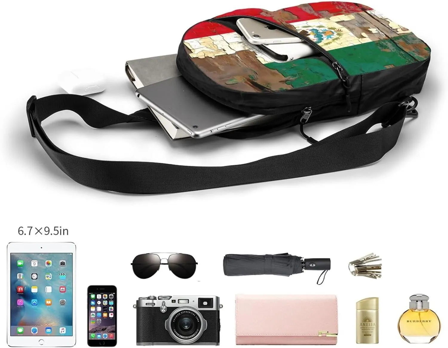 Vintage Mexican Mexico Flag Portable Crossbody Bag Foldable Sling Bags Sports Gym Chest Daypack Reusable Shoulder Backpack Casual Diagonally Rucksack Fanny Packs