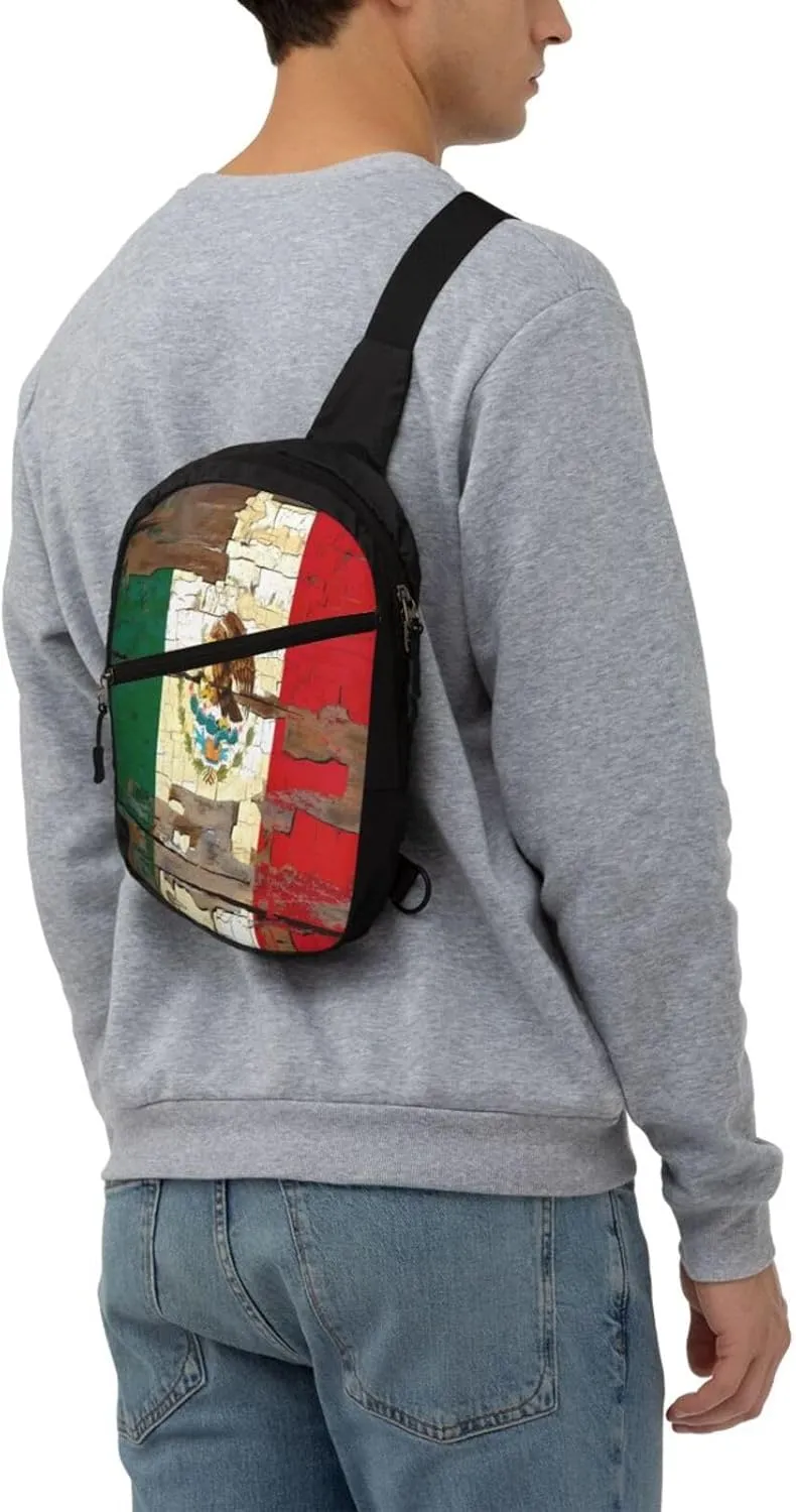 Vintage Mexican Mexico Flag Portable Crossbody Bag Foldable Sling Bags Sports Gym Chest Daypack Reusable Shoulder Backpack Casual Diagonally Rucksack Fanny Packs