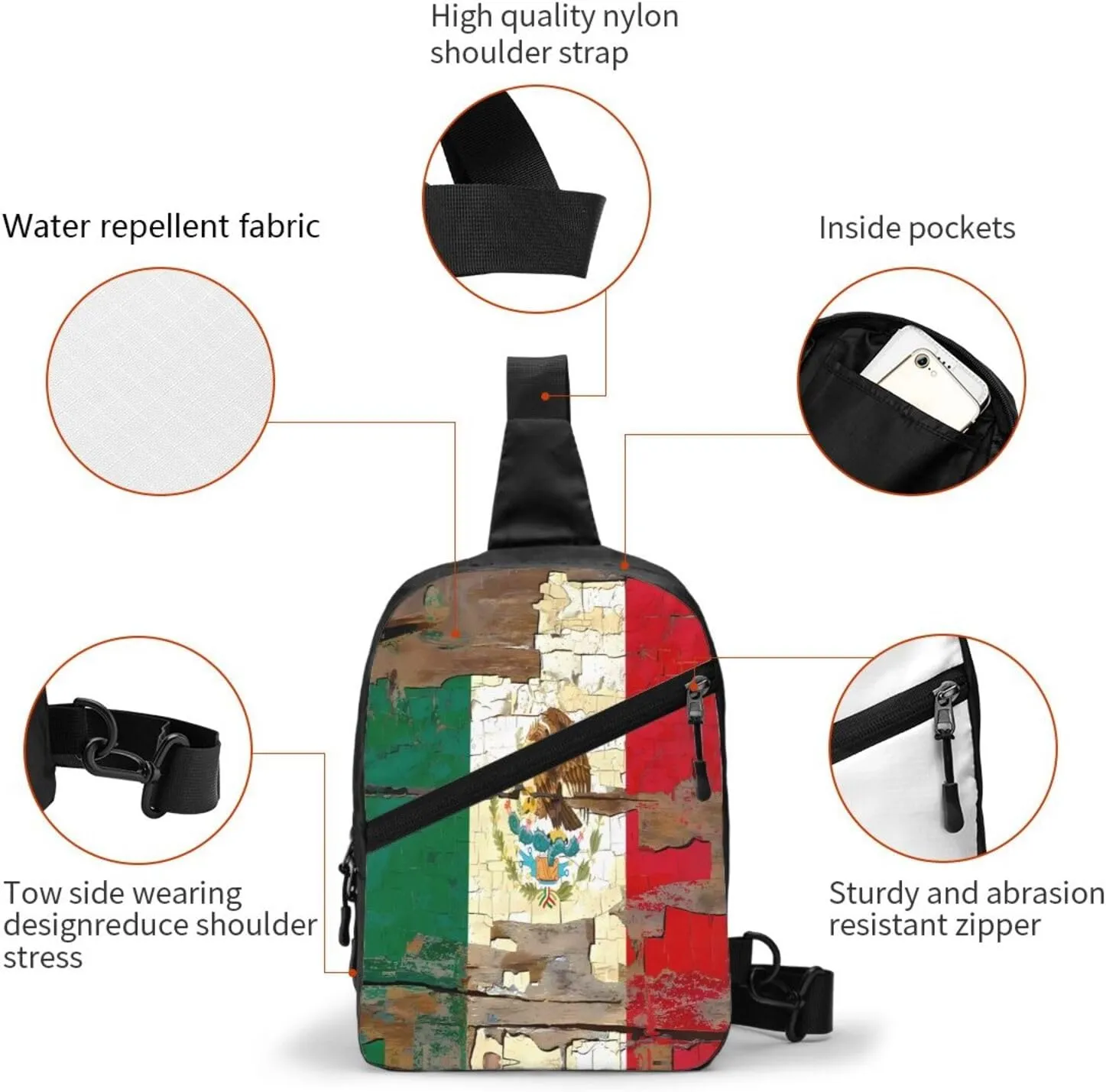 Vintage Mexican Mexico Flag Portable Crossbody Bag Foldable Sling Bags Sports Gym Chest Daypack Reusable Shoulder Backpack Casual Diagonally Rucksack Fanny Packs