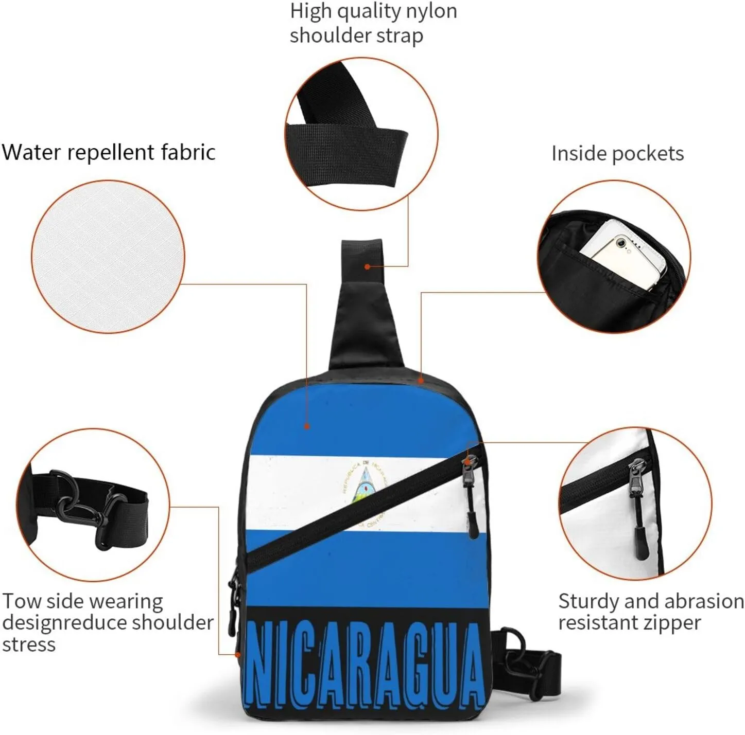 Vintage Nicaragua Flag Crossbody Bag Portable Sling Bags Foldable Chest Daypack Reusable Sports Shoulder Backpack Diagonally Casual Rucksack Travel Bag