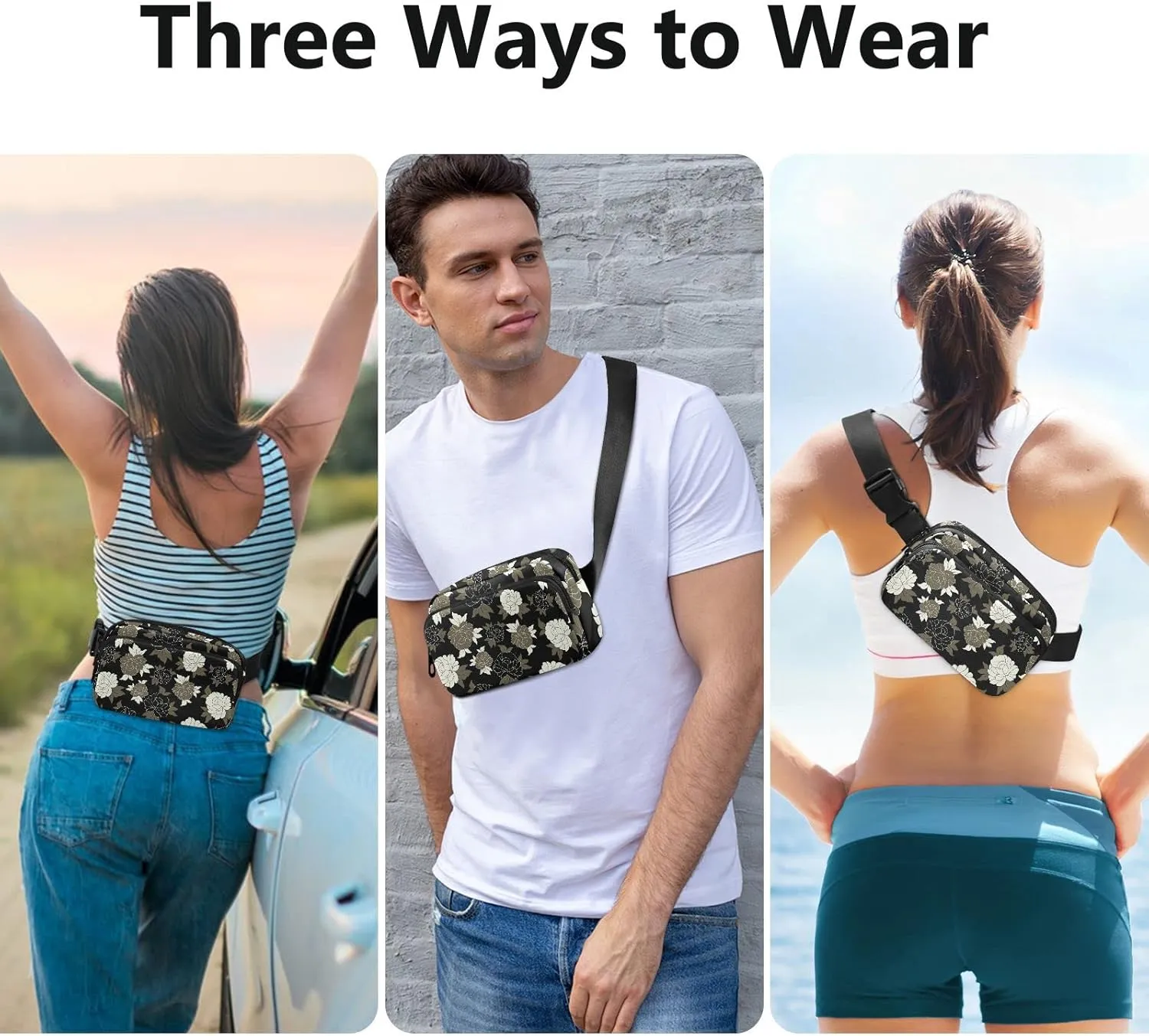 Vintage Retro Seamless Traditional Flowers Flower on Black Adjustable Belt Running Bag, Crossbody Fanny Pack Waist Runners Bag Tote for Women Men Sports Hiking Fitness Exercise Gym Pouch