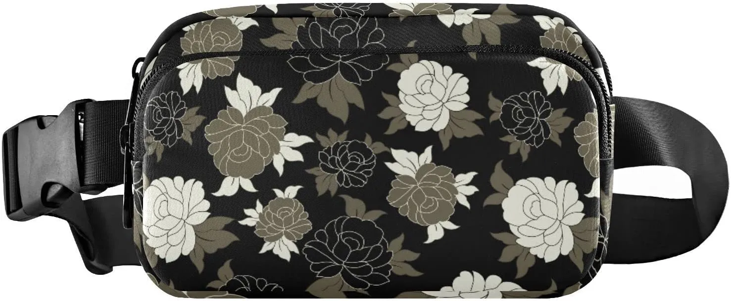 Vintage Retro Seamless Traditional Flowers Flower on Black Adjustable Belt Running Bag, Crossbody Fanny Pack Waist Runners Bag Tote for Women Men Sports Hiking Fitness Exercise Gym Pouch