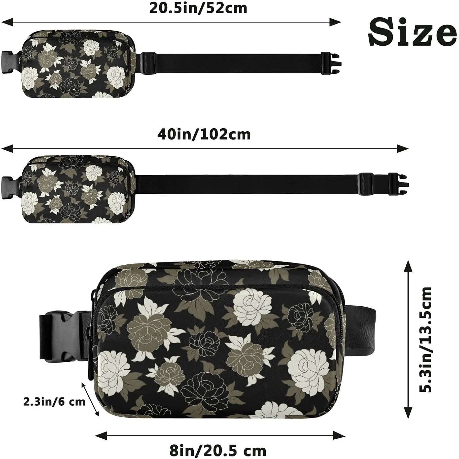 Vintage Retro Seamless Traditional Flowers Flower on Black Adjustable Belt Running Bag, Crossbody Fanny Pack Waist Runners Bag Tote for Women Men Sports Hiking Fitness Exercise Gym Pouch