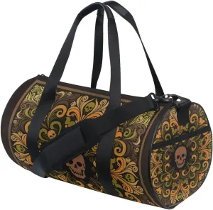 Vintage Russian National Flower Ornament and Skull Duffel Bag, Foldable Canvas Travel Tote for Gym Sports with Inner Pockets, Durable Lightweight Fitness Bag for Overnight Workout