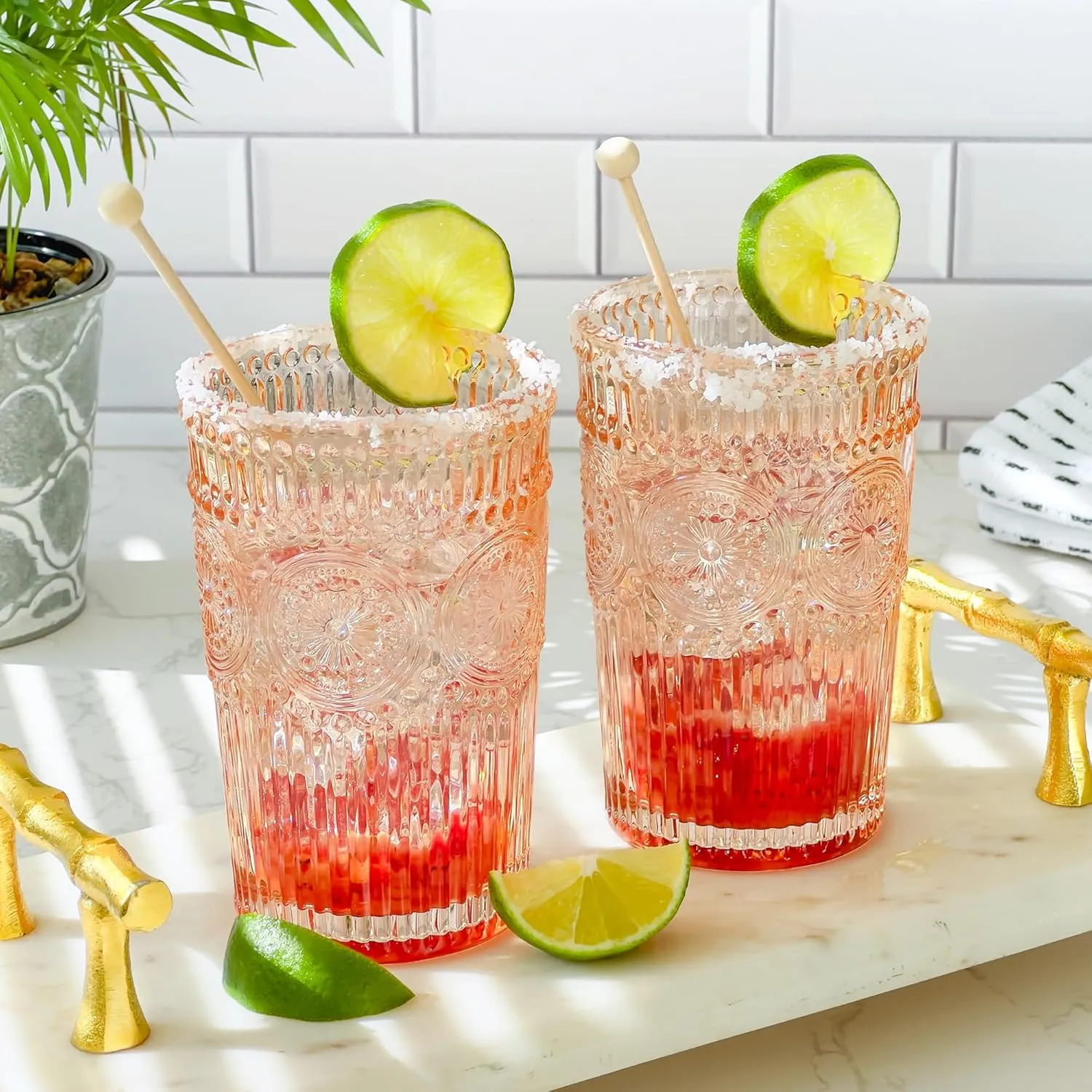 Vintage Textured Rose Gold Striped Drinking Glasses Set of 6, (13 oz) Ribbed Glassware Set | Cocktail Set, Ice Tea Glasses, Juice Glass, Water Cups