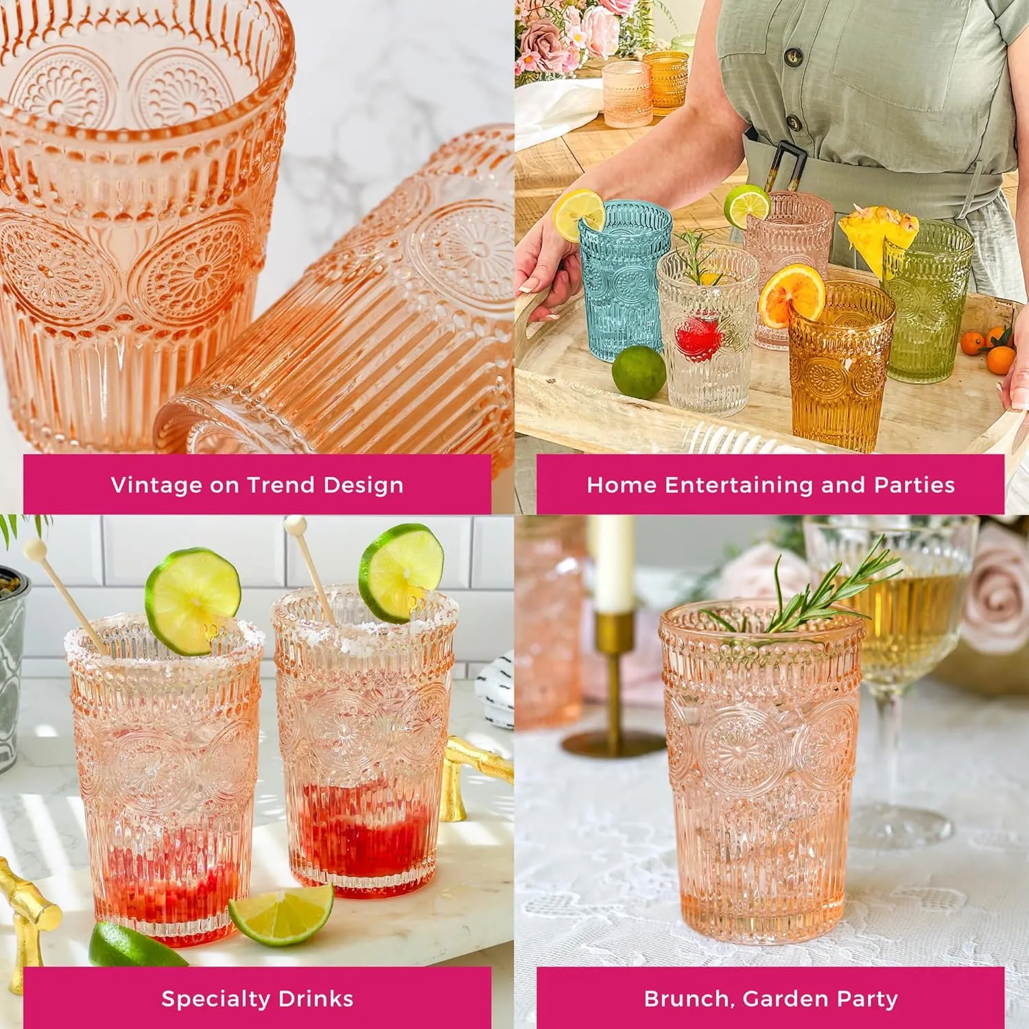 Vintage Textured Rose Gold Striped Drinking Glasses Set of 6, (13 oz) Ribbed Glassware Set | Cocktail Set, Ice Tea Glasses, Juice Glass, Water Cups