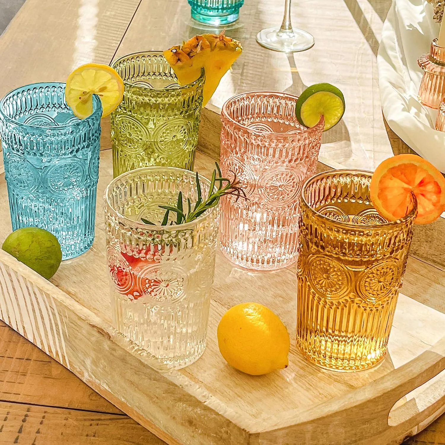 Vintage Textured Rose Gold Striped Drinking Glasses Set of 6, (13 oz) Ribbed Glassware Set | Cocktail Set, Ice Tea Glasses, Juice Glass, Water Cups