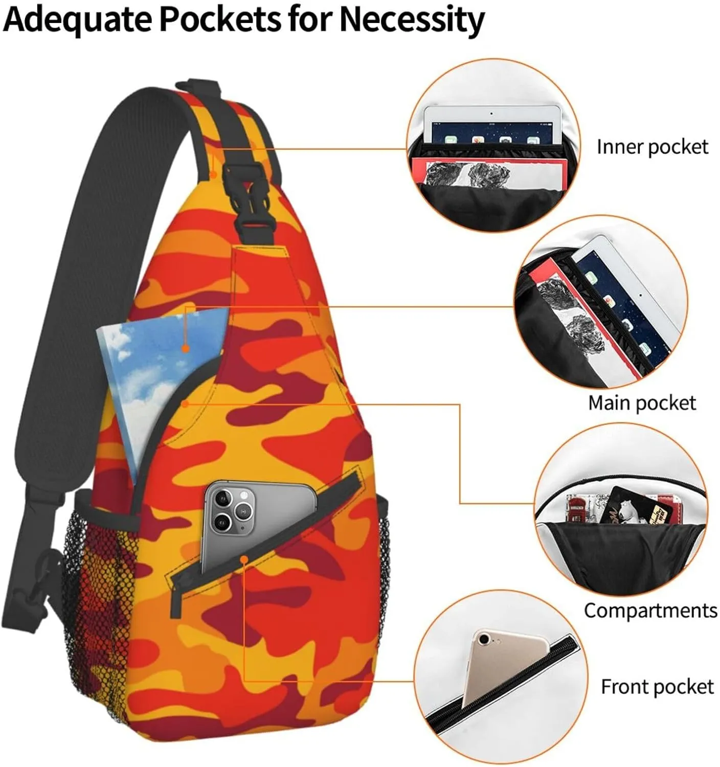 VOOHDDY Camo Abstract Orange Camouflage Sling Bag For Women Men Travel Hiking Backpack Crossbody Shoulder Chest Bags Casual Daypack Sport
