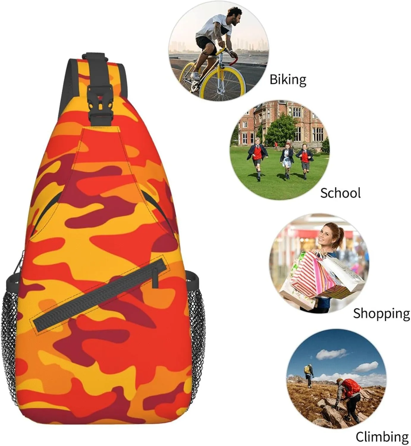 VOOHDDY Camo Abstract Orange Camouflage Sling Bag For Women Men Travel Hiking Backpack Crossbody Shoulder Chest Bags Casual Daypack Sport