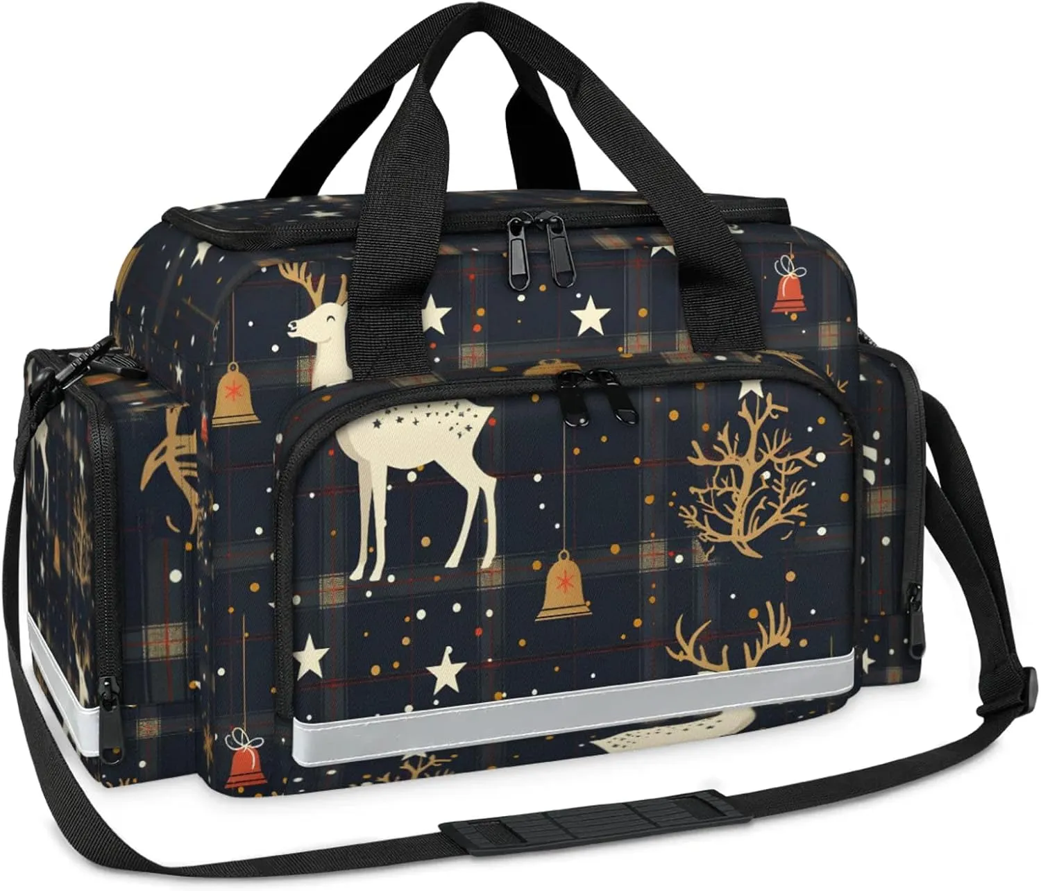 Waterproof Tactical Duffle Bag 25" Carry On Bag for EMT Tear-Resistant Gym Bag with Multi-Pocket & OSHA Reflective Travel Bags for Men Women Christmas Bell Deer