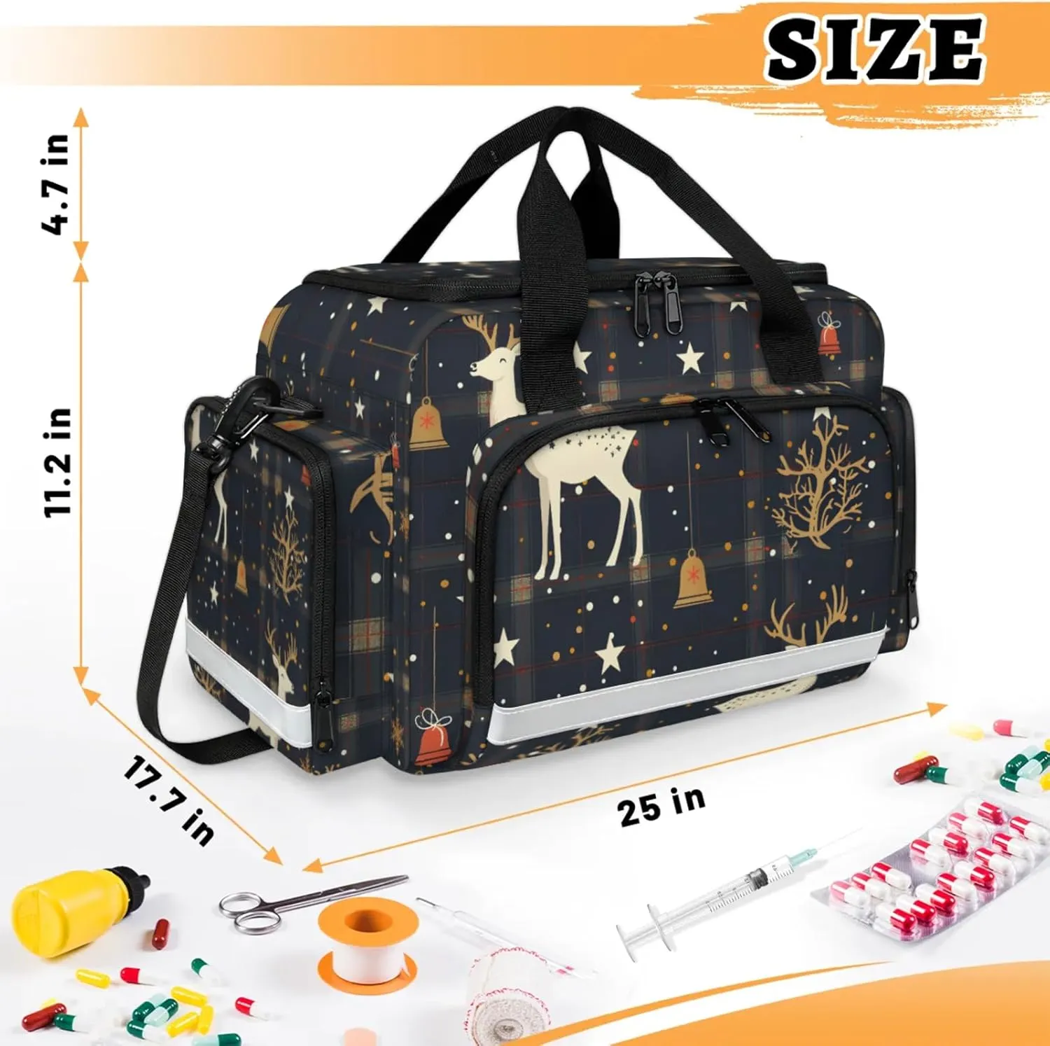 Waterproof Tactical Duffle Bag 25" Carry On Bag for EMT Tear-Resistant Gym Bag with Multi-Pocket & OSHA Reflective Travel Bags for Men Women Christmas Bell Deer