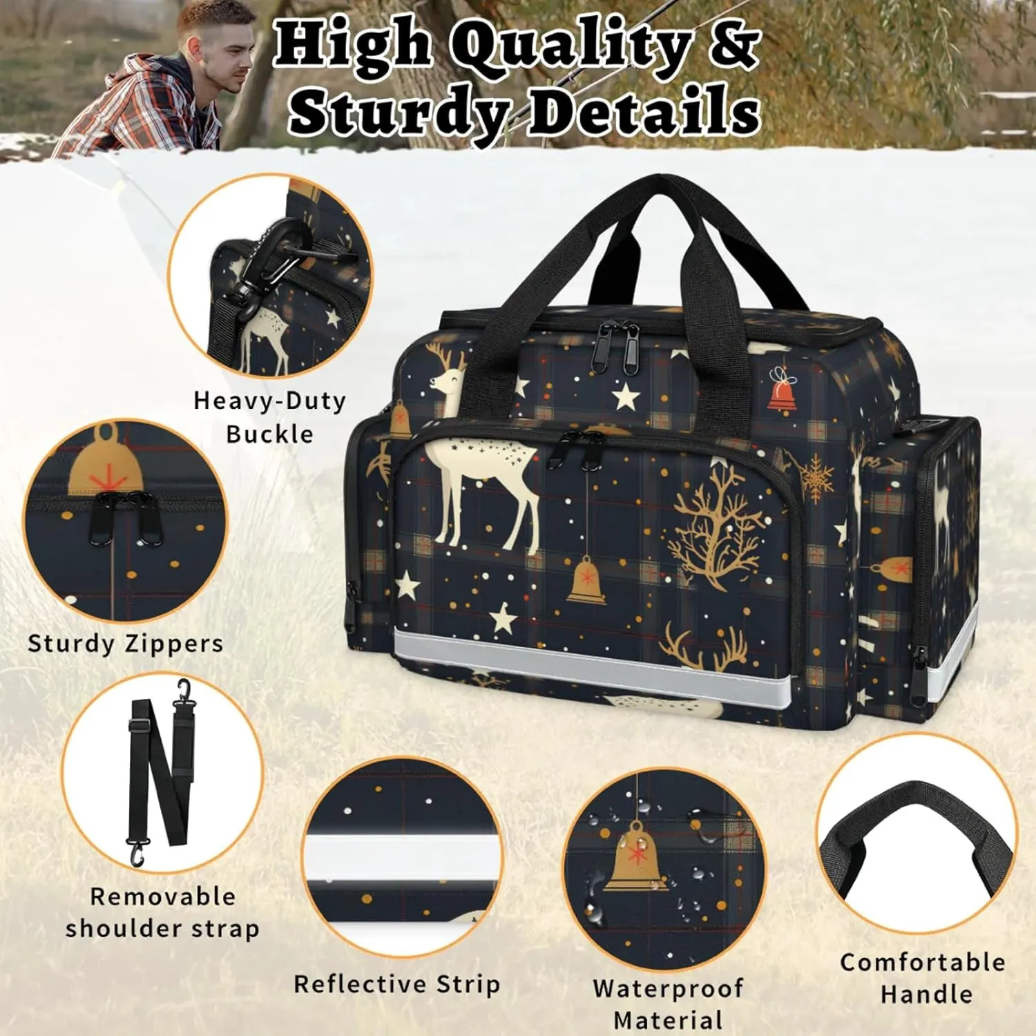 Waterproof Tactical Duffle Bag 25" Carry On Bag for EMT Tear-Resistant Gym Bag with Multi-Pocket & OSHA Reflective Travel Bags for Men Women Christmas Bell Deer