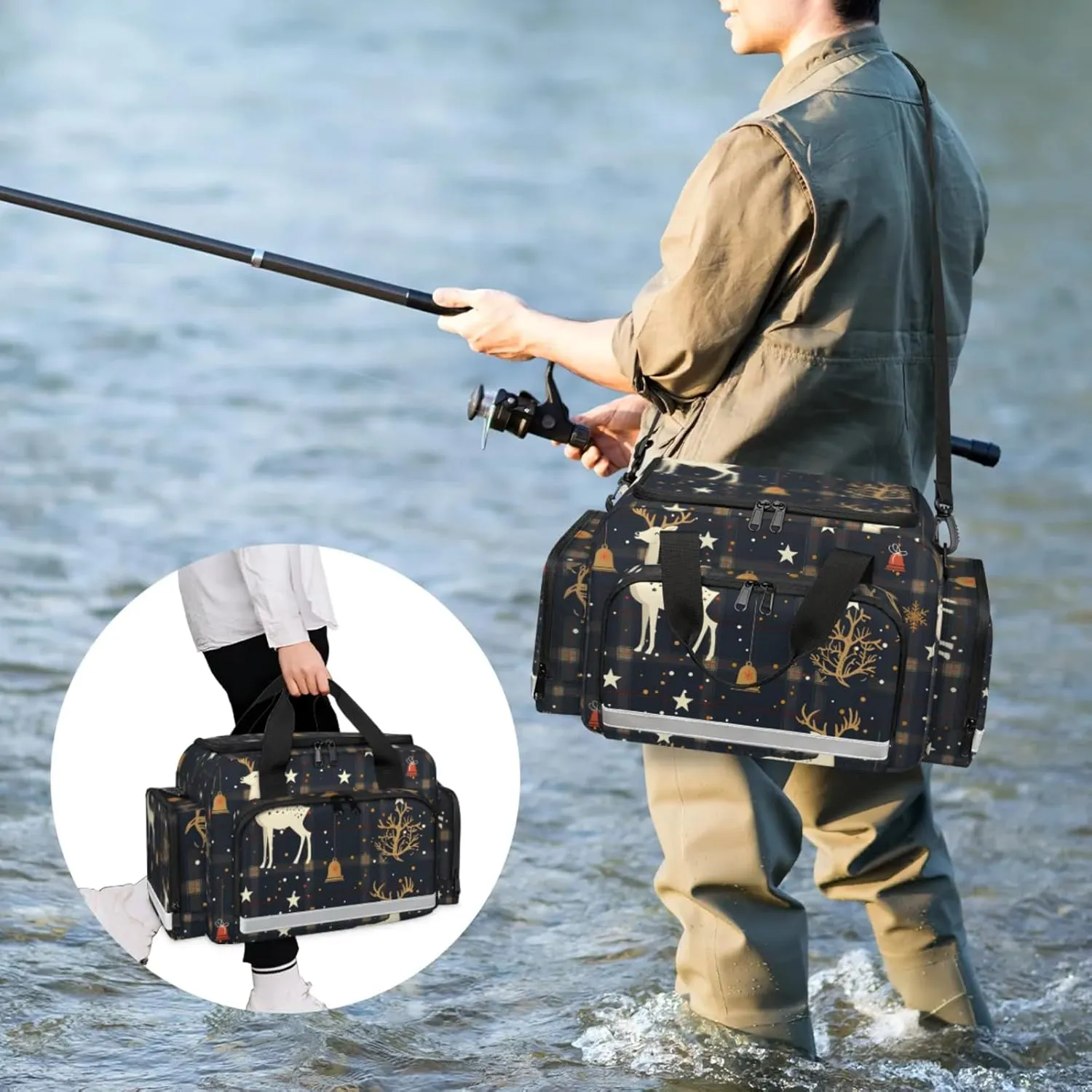 Waterproof Tactical Duffle Bag 25" Carry On Bag for EMT Tear-Resistant Gym Bag with Multi-Pocket & OSHA Reflective Travel Bags for Men Women Christmas Bell Deer