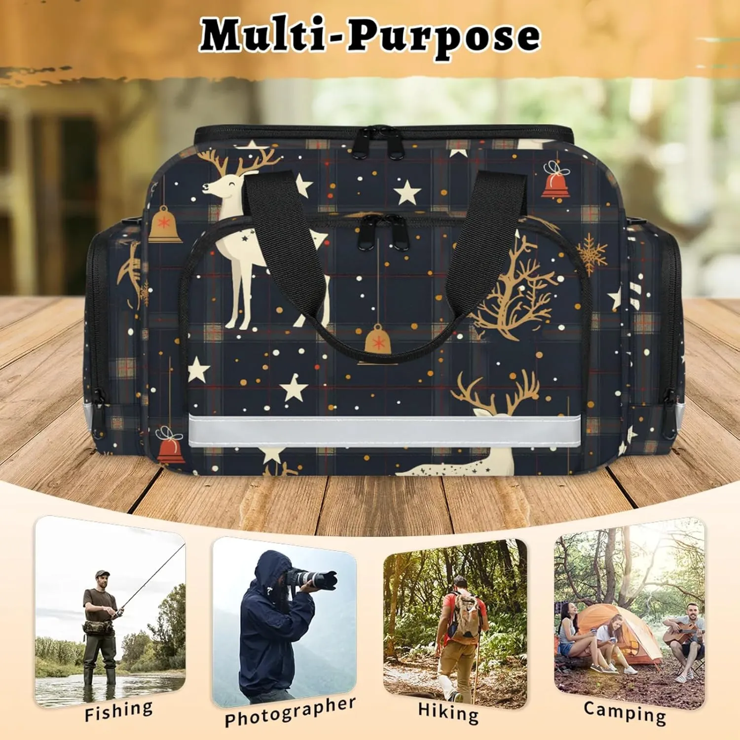 Waterproof Tactical Duffle Bag 25" Carry On Bag for EMT Tear-Resistant Gym Bag with Multi-Pocket & OSHA Reflective Travel Bags for Men Women Christmas Bell Deer