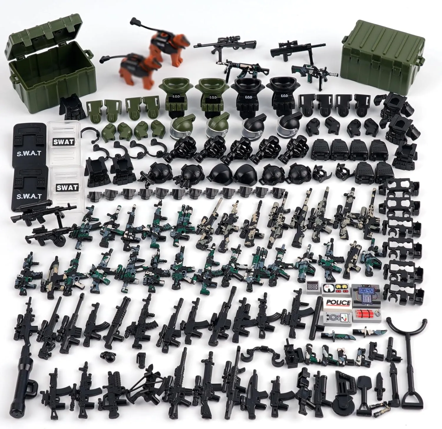 Weapons Pack Military SWAT Accessories - Army Soldiers Building Block Sets, SWAT Team Equipment Gear Armor Shields, Police Dogs Camouflage Weapon Militray Bricks