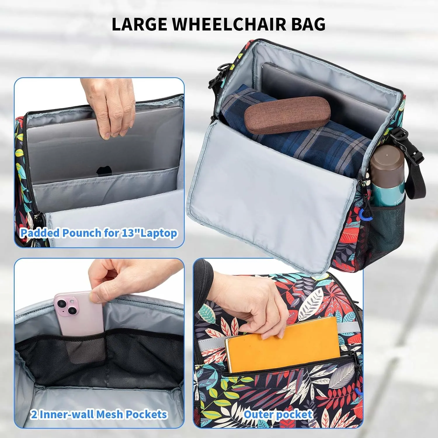 Wheelchair Bags, Wheelchair Backpack with Cup Holder, Wheelchair Bags to Hang on Back, Electric Wheel Chair Accessories, Large Storage Bag for Walker Rollator