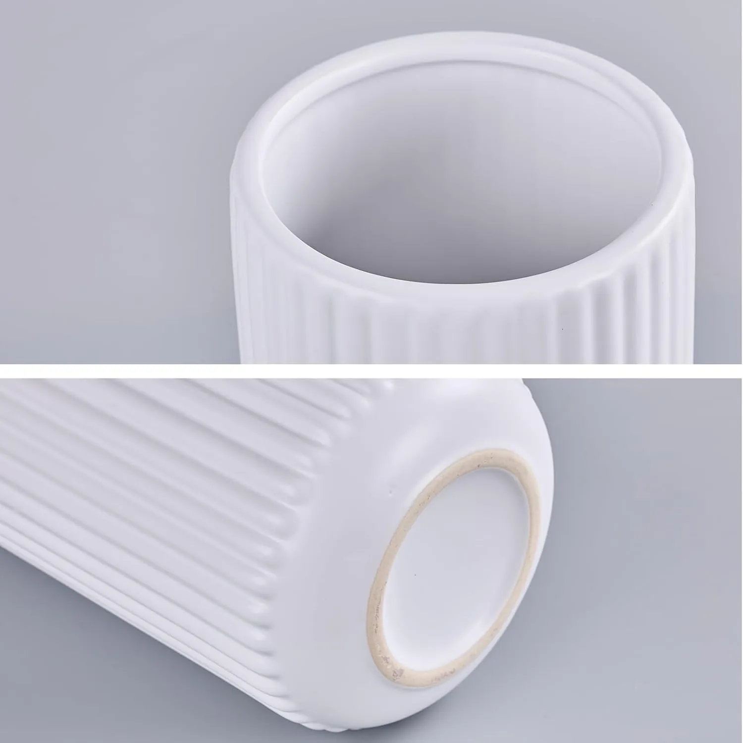 White Ceramic Flower Vase for Pampas Grass, 8 inch Small Decorative Centerpiece Ribbed Vase for Dining Table, Office Desktop, Shelf Bookshelf, Mantel, Entryway, Bathroom, Countertop, Farmhouse, Gift
