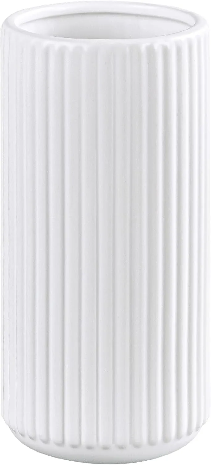 White Ceramic Flower Vase for Pampas Grass, 8 inch Small Decorative Centerpiece Ribbed Vase for Dining Table, Office Desktop, Shelf Bookshelf, Mantel, Entryway, Bathroom, Countertop, Farmhouse, Gift