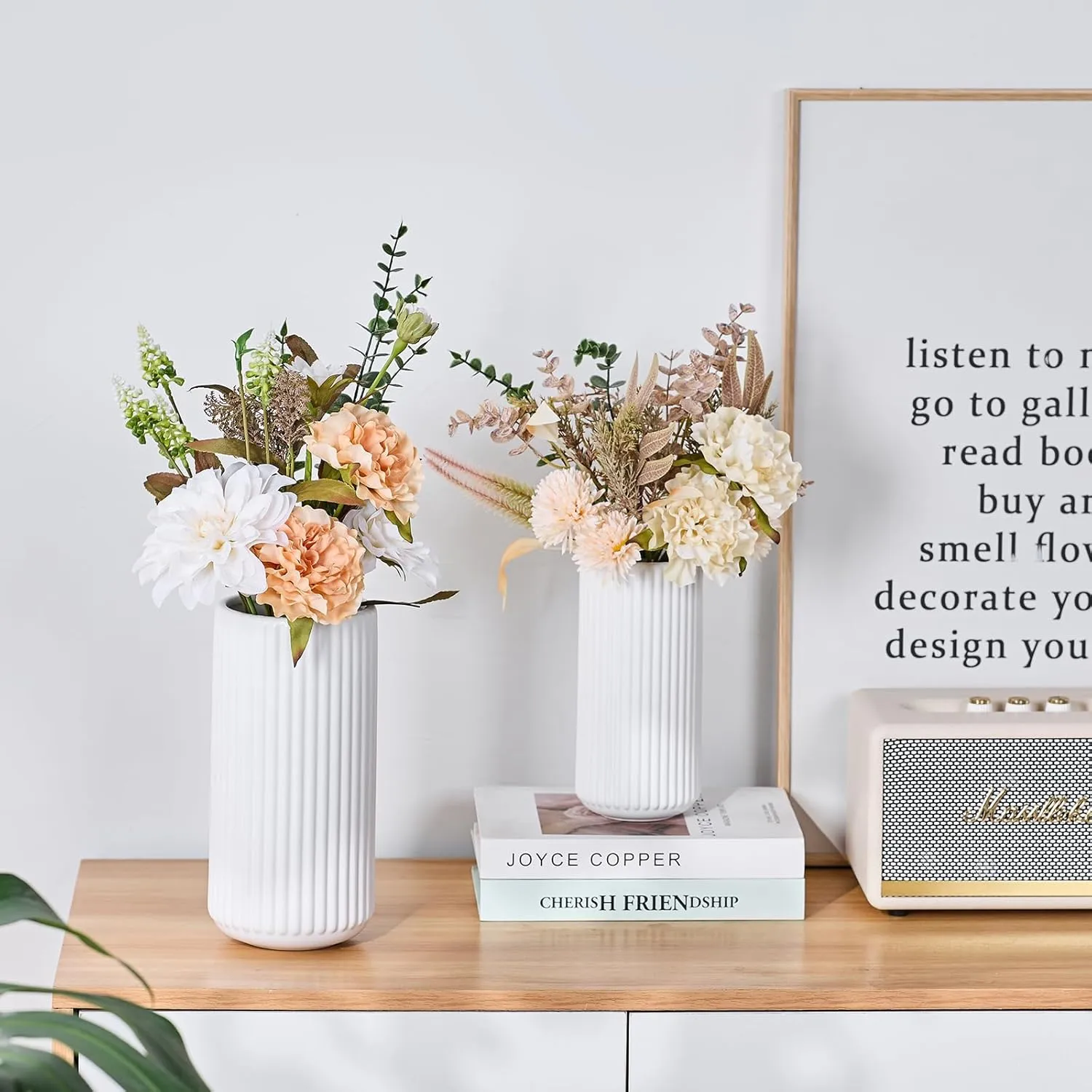 White Ceramic Flower Vase for Pampas Grass, 8 inch Small Decorative Centerpiece Ribbed Vase for Dining Table, Office Desktop, Shelf Bookshelf, Mantel, Entryway, Bathroom, Countertop, Farmhouse, Gift